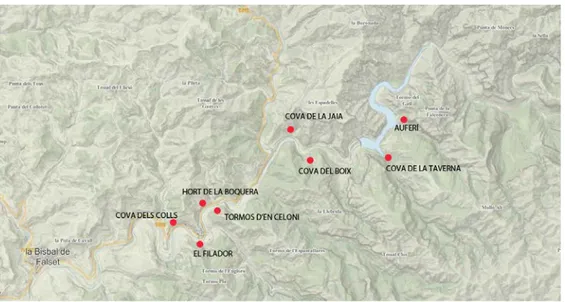 Fig. 13.   Distribución de los yacimientos excavados en el curso medio del río Montsant.
