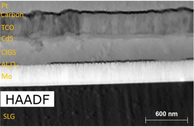 Figure 2: TEM HAADF image of the cross-section of the passivated solar cell. The dark layer in- in-between the Mo layer and the CIGS layer, is the Al 2 O 3  passivation layer