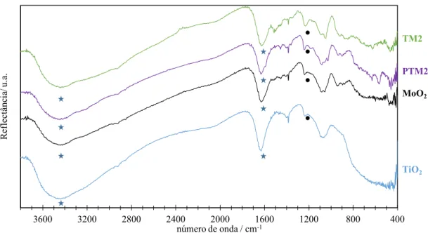 Figura  3.10.  Espectros  de  DRIFT  dos  compósitos  TM2  e  PTM2  sintetizados.    grupos  –OH  e  água  adsorvidos; 