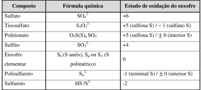 Tabela 1: Importantes compostos inorgânicos de enxofre e seus estados de oxidação. Adaptada de (8)