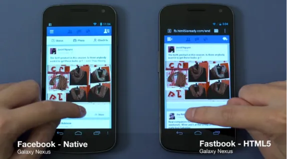Figure 3.1: Native Android Facebook application (left) and Fastbook (right). Credit: Sencha