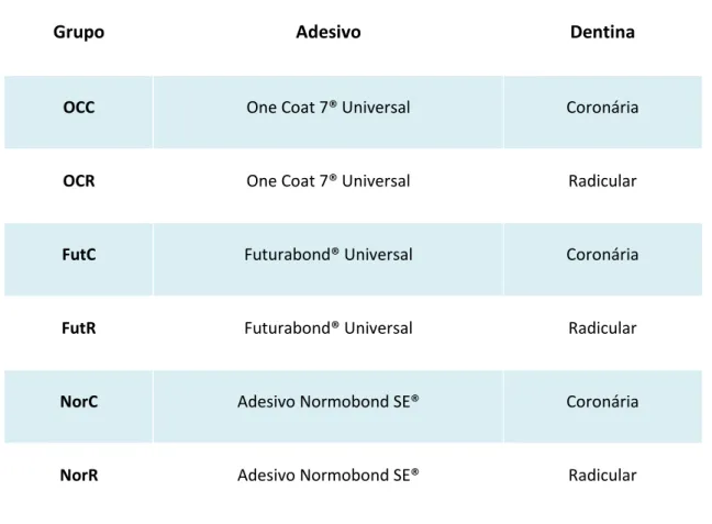 Tabela 2- Grupos experimentais e respetivos sistemas adesivos e dentina 