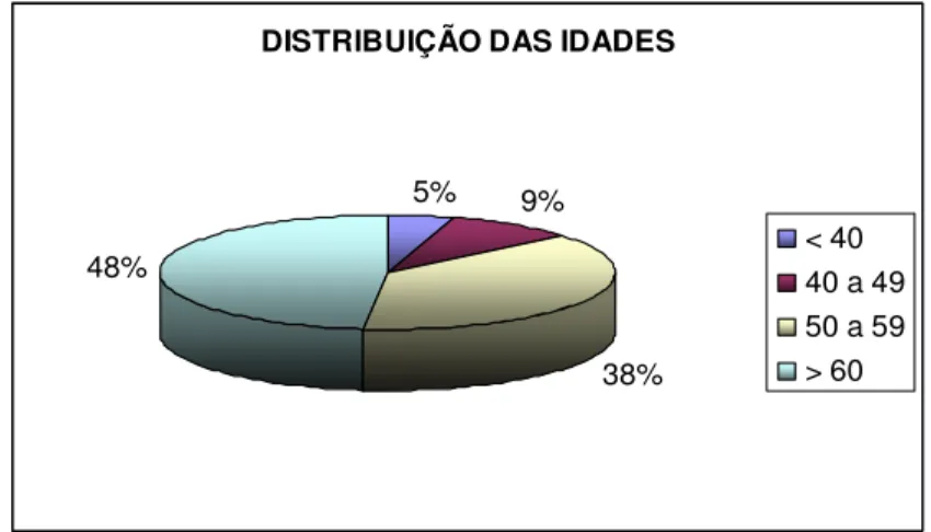 Gráfico  3  -  Percentual  de  pacientes  entrevistados  do  Grupo  Hiperdia, segundo a idade - São Joaquim de Bicas-MG, 2008