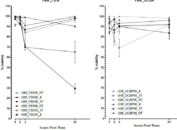 Figure  8  –  Viability  values  (mean±SEM)  post-thaw  and  over  24  hours  for  the  rSM  samples  cryopreserved  with  UCBP95