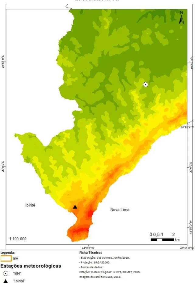 Figura 1 - Localização das estações meteorológicas dentro dos limites do município de Belo Horizonte, em relação  à altimetria do terreno 