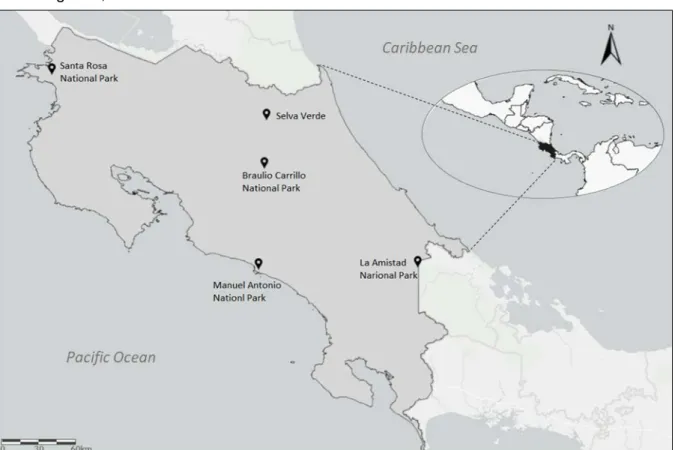 Figure  8.  Map of Costa Rica depicting  the  collecting localities of the  samples  of Cricetidae and Echimyidae  available for analyses
