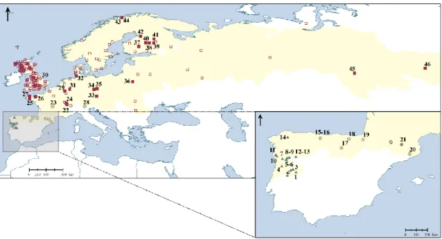 Fig.  1 Map  showing  in  yellow  shading  the  distribution  range  of  the  field  vole  (Microtus  agrestis)  according  to  IUCN  (2010),  as  well  as  the  geographical  location  of  the  sampling  localities  (filled  symbols)  and  of  the  sequen