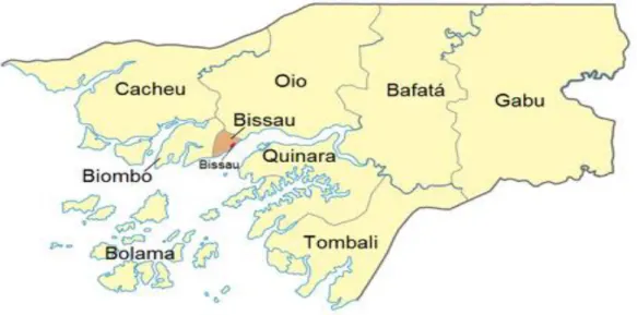 Figura 1.2 Mapa da Guiné-Bissau dividida por regiões (Fonte: Subdivisões da Guiné- Guiné-Bissau.png)