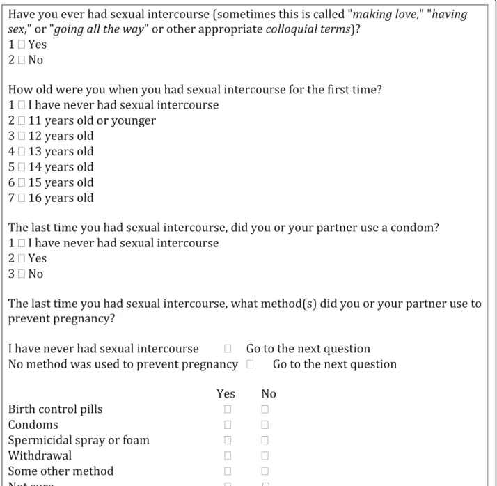 Fig. 1 Standardised questions on sexual health in HBSC 2001/2002 survey