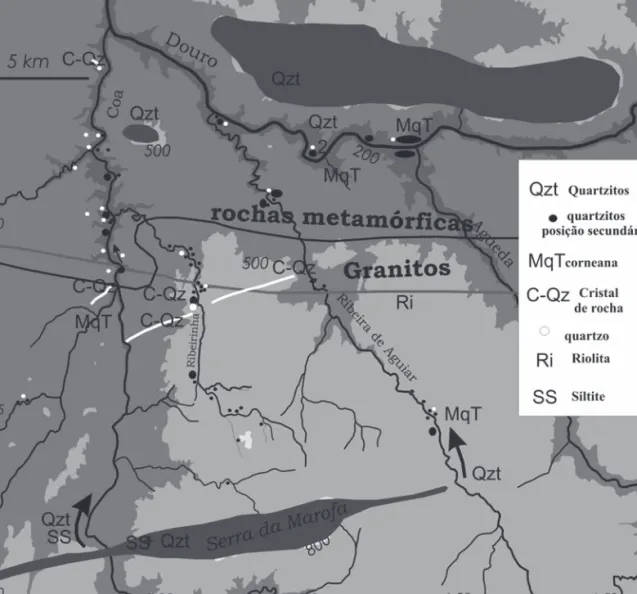 FIG. 5.1.1-2  – Mapa de localização das fontes das diversas categorias de matérias-primas líticas detectadas durante a prospecção 