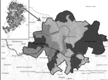 Figura 1 – Localização e Plano de Ocupação da  Operação Urbana do Izidoro. De cinza claro e médio,  áreas possíveis de urbanização