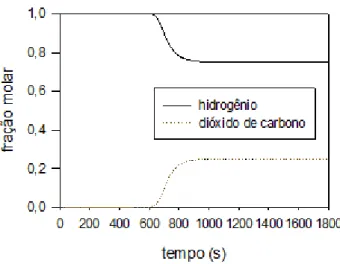 Figura 5 – Perfis de concentração de H 2  (linha  tracejada) e CO 2  (linha contínua) ao longo da coluna  para os tempos de 100, 300, 500 e 700s (da esquerda 