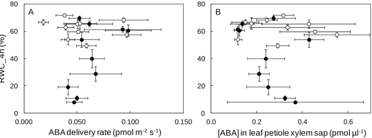 Fig.  7.  Relative  water  content  after  4  h  of  leaflet  desiccation  (RWC_4h)  as  a  function  of  abscisic acid (ABA) delivery rate (A) or abscisic acid concentration ([ABA]) in leaf petiole  xylem  sap  (B)  of  ten  genotypes  (K148,  K123,  P867