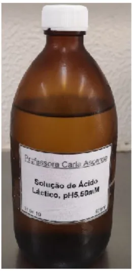 Figura  7.  Solução  de  ácido  láctico,  utilizada  como  agente  desmineralizante  artificial para mimetizar as lesões de cárie no esmalte 