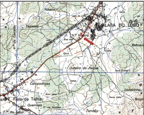 Fig. 1 – Orca da Lapa do Lobo, location in Sheet 211 of the Carta Militar de Portugal, scale  1/25000.