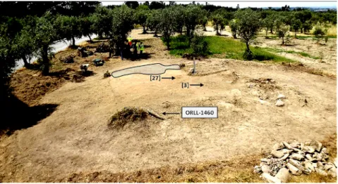Fig. 3 – Orca da Lapa do Lobo, elevated view from SE at the end of 2014 clean-up: in grisé  the remains of the surface carapace; [3] emplacement of pit SU.[2]; [27] emplacement of  pit SU.[28]; ORLL-1460 emplacement of the stela-menhir ORLL-1460.