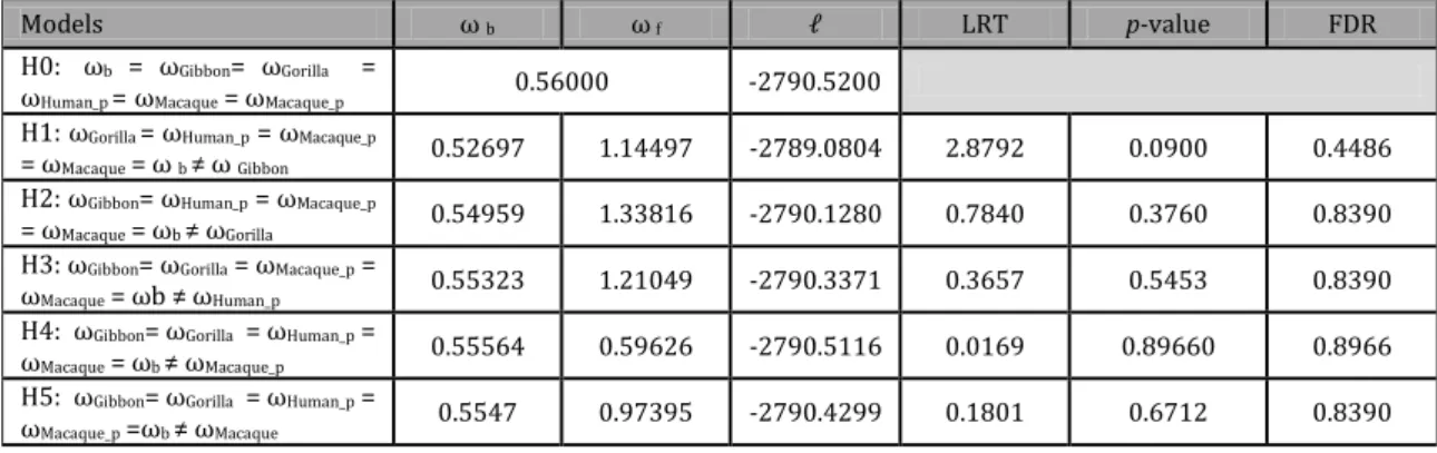 Table 3.4.1 - Parameter estimates under model of various omegas ratios among lineages and respective LRTs