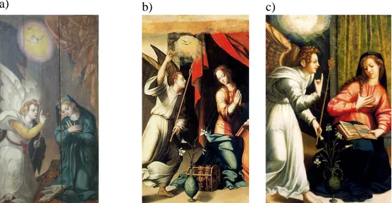Figura 5-7: Comparação da Anunciação de Machede (a) com a Anunciação de Arroyo de la Luz (b) de  Morales e uma segunda Anunciação (c) que lhe é atribuída  
