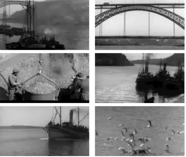 Figura 4 – Algumas das imagens de Douro, Faina Fluvial que retratam a faina junto às margens do  Douro ao estilo das “Sinfonias das Cidades” de Walter Ruttmann