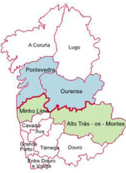 Figura 1: Mapa da Eurorrexión Galicia-Norte de Portugal. División a nivel NUTS III. 