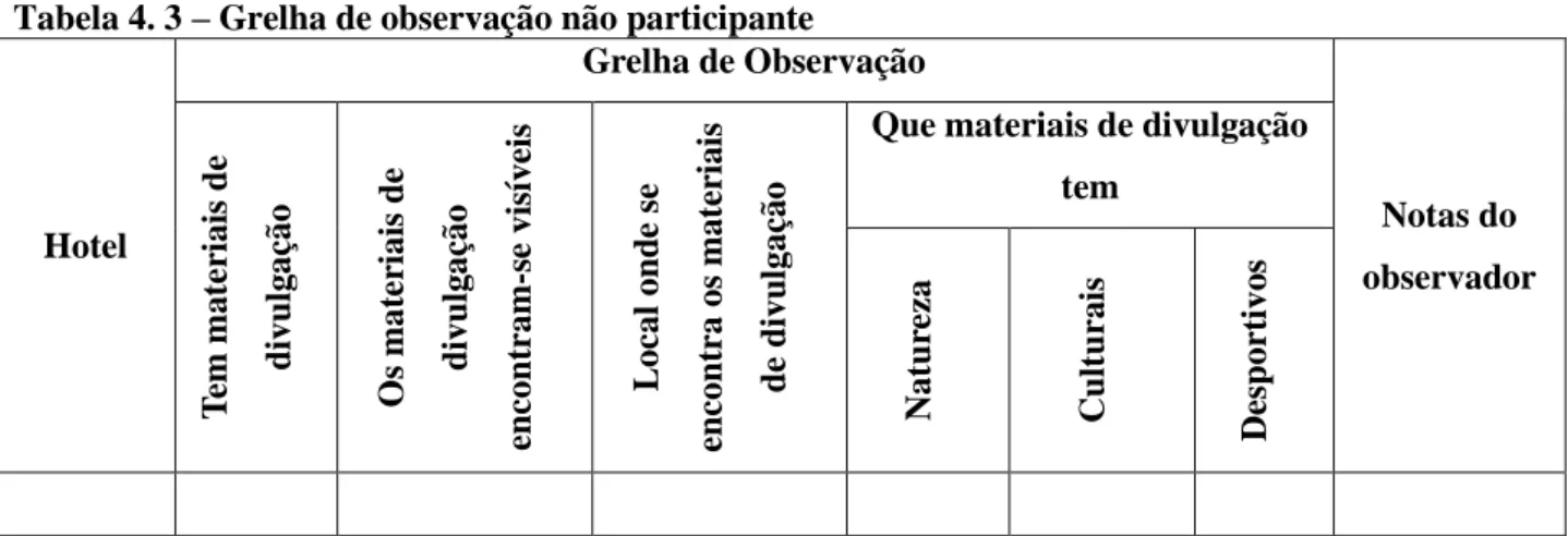 Tabela 4. 3 – Grelha de observação não participante 