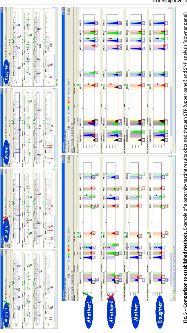 Fig. 5 – Comparison to established methods. Example of a paternity testing results obtained through STR (upper panel) and SNP analysis (downer panel)  AFather1 - Putative Father 1; AFather2 - Putative Father 2 (excluded); Mother - Mother; Daughter - Child
