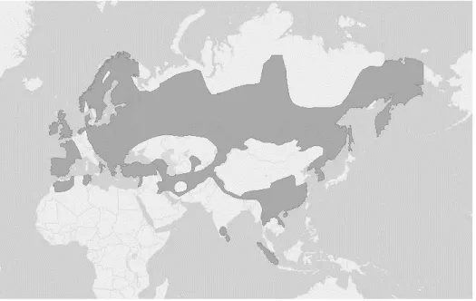 Figura 6. Distribuição geográfica da Lontra Euroasiática. Fonte: Roos et al., 2015