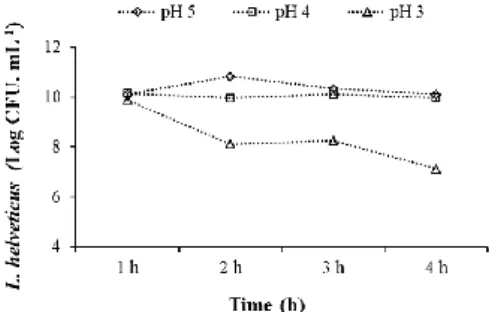 Figure 4 - Behavior of Lactobacillus helveticus in different bile salts concentrations