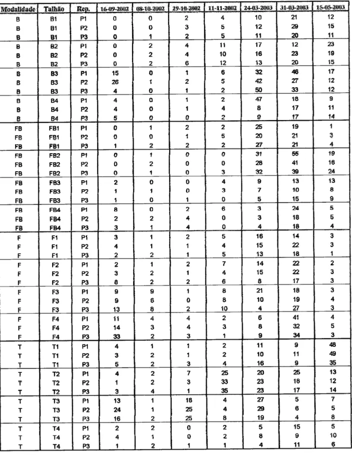 Tabela  3  -  Densidade  de  outros  frrngos  no  solo  em  todâs  as  aniálises  €f€ctuadâ§,  lq  âno