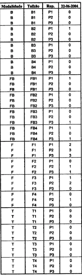 Tabela 6  -  Dcnsidade de  PçMR  na  raiA  2o  ano.  (c.f,uJ  S de  raiz  reais  =  valorcs  apresentados  x  1000 c.íuJ  gderau),  Bep,  :  Repetição  da  contagem,  Datas conespondem  a datas  de amoshagpm'