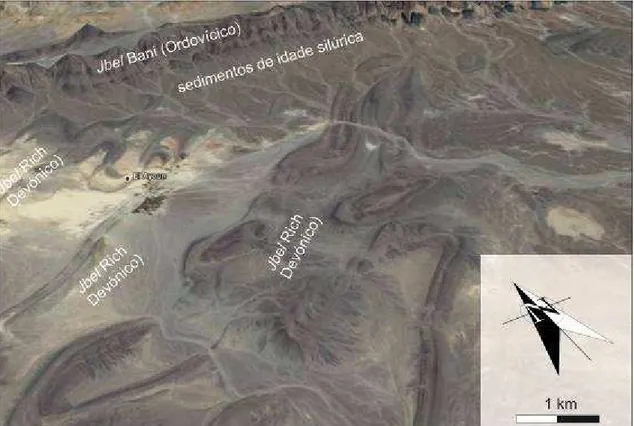 Fig. III. 4 – Localização dos afloramentos silúricos, no seio das Jbel Bani e Rich. Imagem retirada do  Google Earth 2011