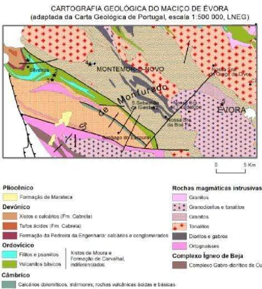 Fig. 3. Cartografia geológica da região NW do Maciço de Évora, entre Évora e Cabrela 