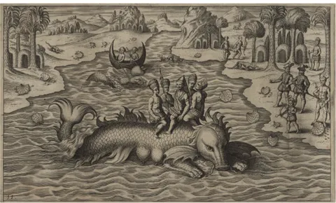 Figura 3 – Representação, na obra de Philoponus (1621), da história de Gómara sobre  o manatim domesticado pelo cacique Caramatexi, que transportava membros da tribo  entre as duas margens da lagoa; numa das margens, europeus observam a cena.