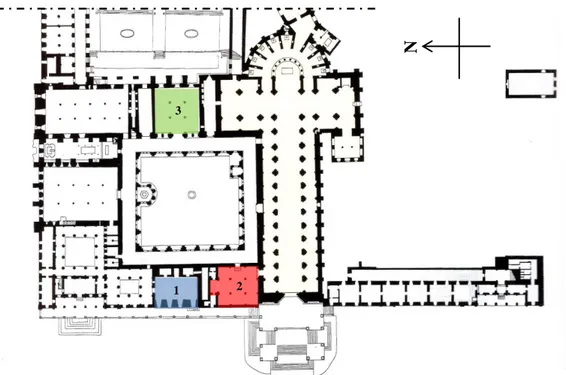 Fig.  14  - Localização da Casa dos Reis (1) da Sala do Capítulo (2) e da Sala do Capítulo (3) na planta do  mosteiro.