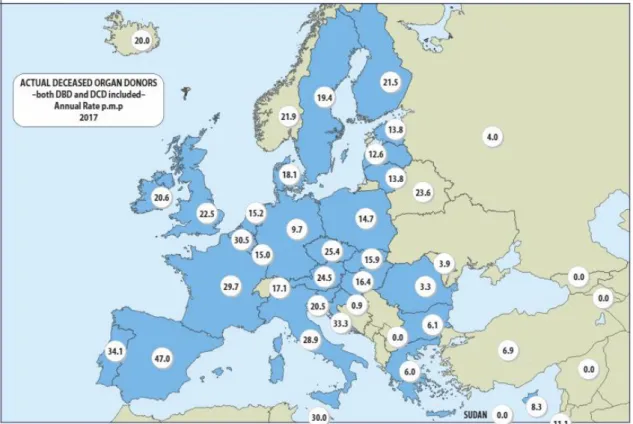 Figura 1.1. Doação de órgãos em contexto europeu por milhão de habitantes no ano  de 2017 (fonte: Newsletter Transplant, 2018) 
