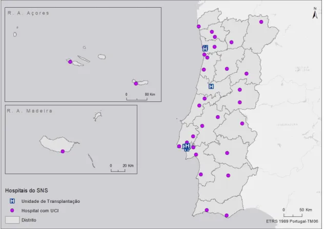 Figura 1.3. Unidades de transplantação e hospitais com Unidade de Cuidados  Intensivos (UCI)