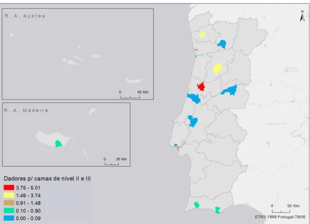 Figura 4.3. Dadores efetivos por camas de cuidados intensivos e intermédios, nos  hospitais com neurocirurgia ao nível do município 