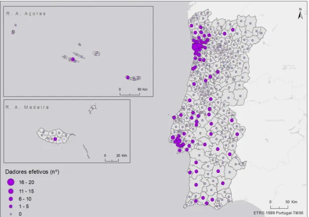 Figura 4.5. Número de dadores efetivos por município no ano de 2016 