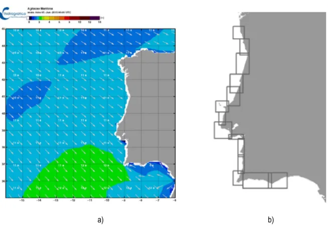 Figura 15 - Diferentes áreas e resoluções dos modelos de agitação marítima. a) Modelo WW3; b) Modelo SWAN