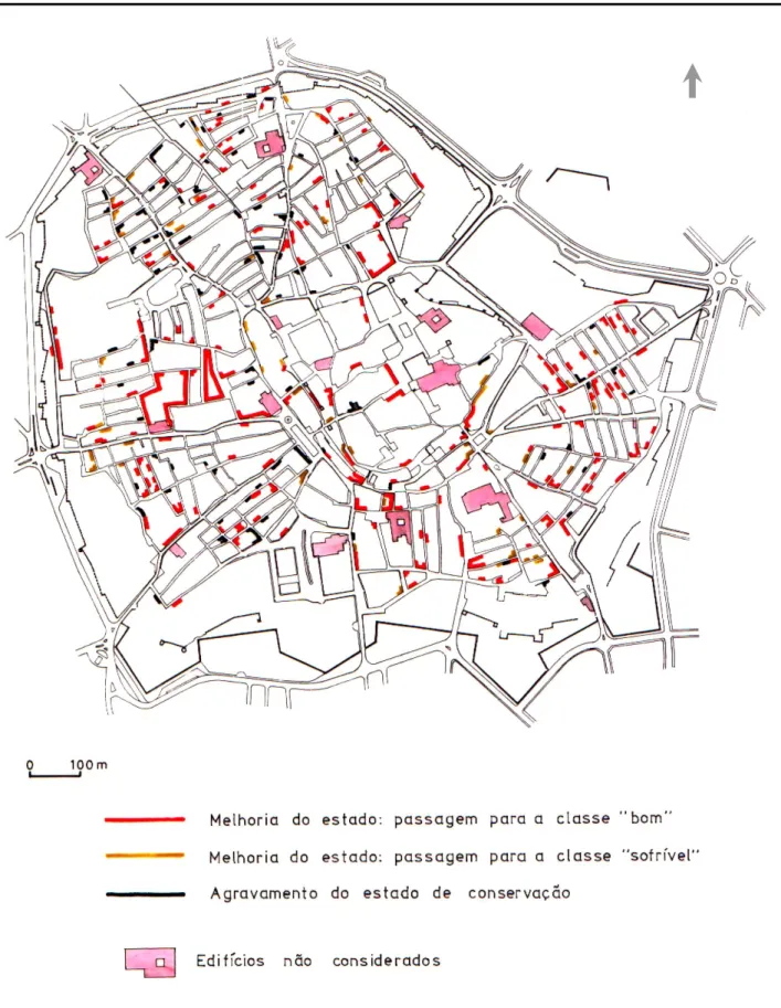 Fig. 7 – Estrutura urbana da cidade intramuros: estado de conservação dos edifícios – evolução 1985-1994 