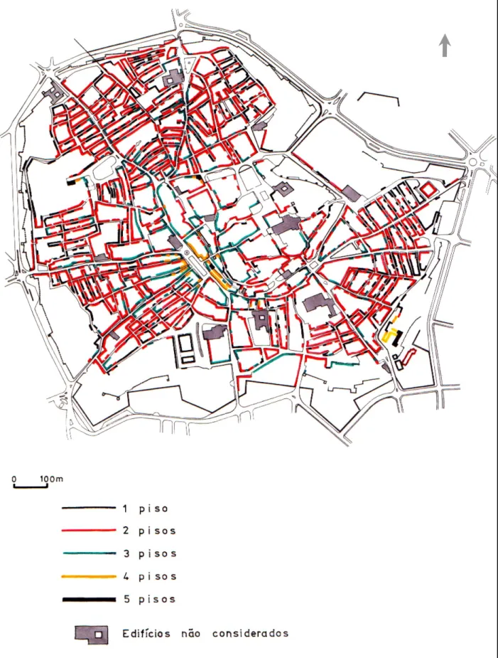 Fig. 3 – Estrutura urbana da cidade intramuros: número de pisos dos edifícios 