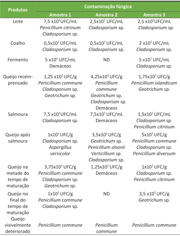Tabela 1 - Nível de contaminação e identificação de fungos presentes em queijos e  matérias-primas utilizadas para elaboração de queijo tipo tropical