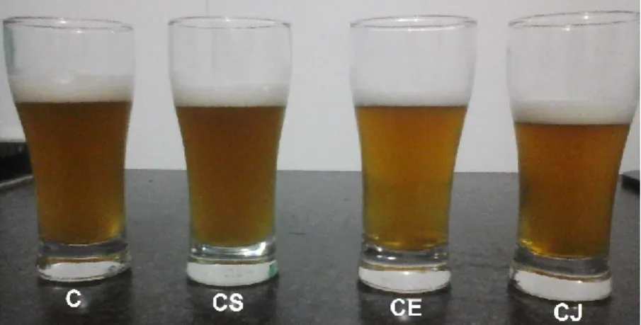 Figura 2. Aspecto visual das cervejas artesanais tipo Ale obtidas com a adição de mel  silvestre (CS), mel de eucalipto (CE) e mel de uva japonesa (CJ) e da cerveja controle (sem 