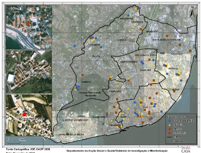 Figura número 2 – Distribuição dos equipamentos do Departamento de Acção Social e Saúde e  os limites das DIASL da SCML 