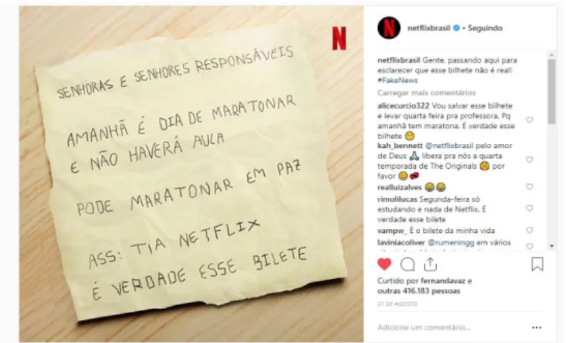 Figura 3. Bilhete da Netflix no Instagram. Fonte: reprodução página Netflix Brasil (Instagram)