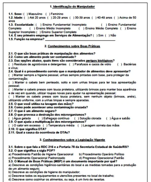 Figura 1 - Questionário de avaliação do conhecimento dos manipuladores de alimentos  sobre Boas Práticas em serviço de alimentação