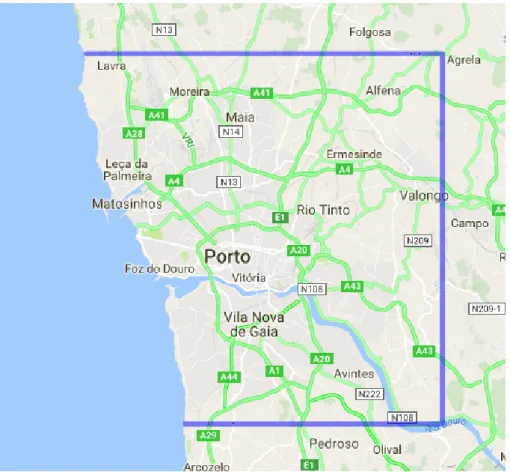 Figure 3.5: Area scanned for POIs with the Google Places API.