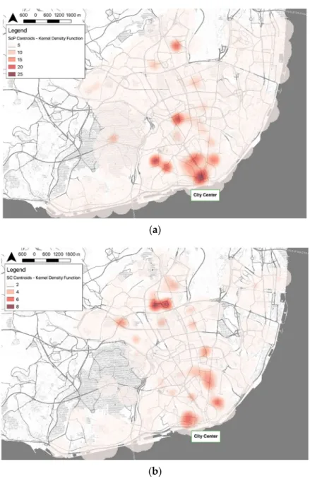 Figure 4. Sense of place (a) and social capital (b) hotspots in Lisbon using a Kernel density function  with a bandwidth = 500 m and grid cell = 30 m