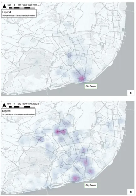 Figure 3. Representation of areas of overlapping (a) sense of place (SoP) and (b) social capital (SC)  using a Kernel density function