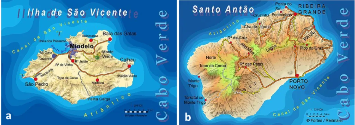 Figure  2  -  Samples  locations  in  são  Vicente  (Baia  das  Gatas,  Praia  da  Laginha,  Cova  da  Inglesa,  Salamansa,  Calhau) and Santo Antão (Ponta do Sol)
